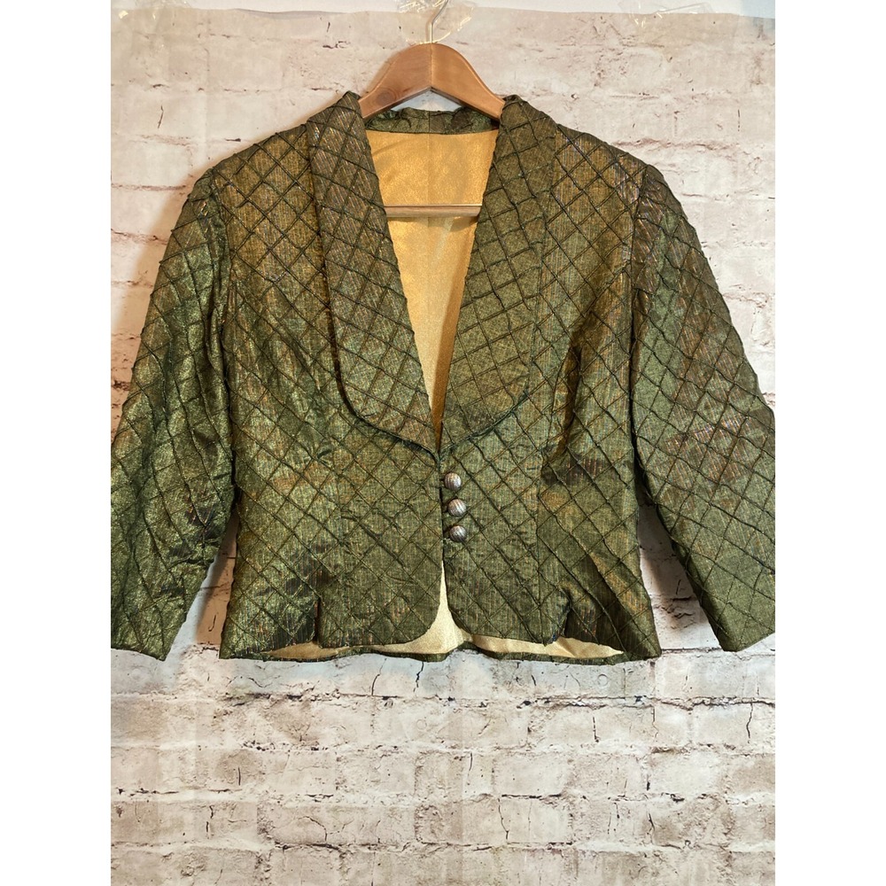 Blazer Jacket Womens Medium Iridescent Dark Olive Textured Button Front Glitter
